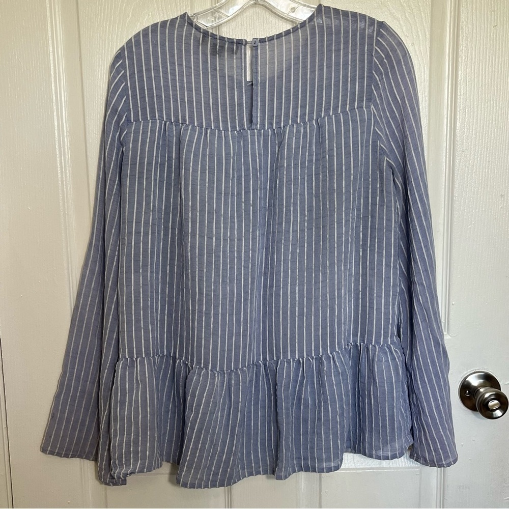 SUSAN BETRO Blue and White Striped Peplum Top | size Medium - Picture 9 of 9